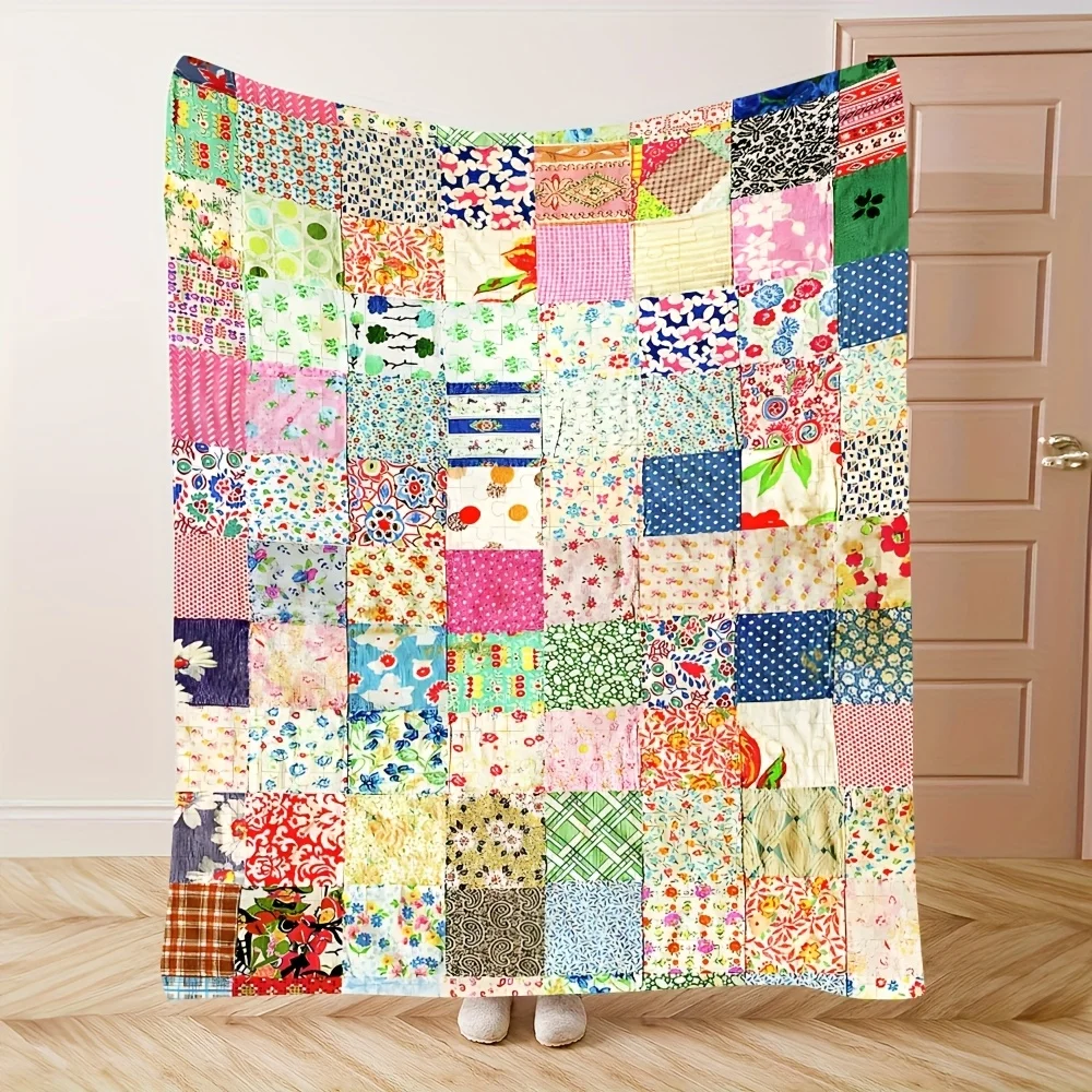 

Vintage Floral Patchwork Flannel Blanket – Soft Warm Cozy with Multicolored Print - Perfect for All Seasons, Home Decor, Gifts
