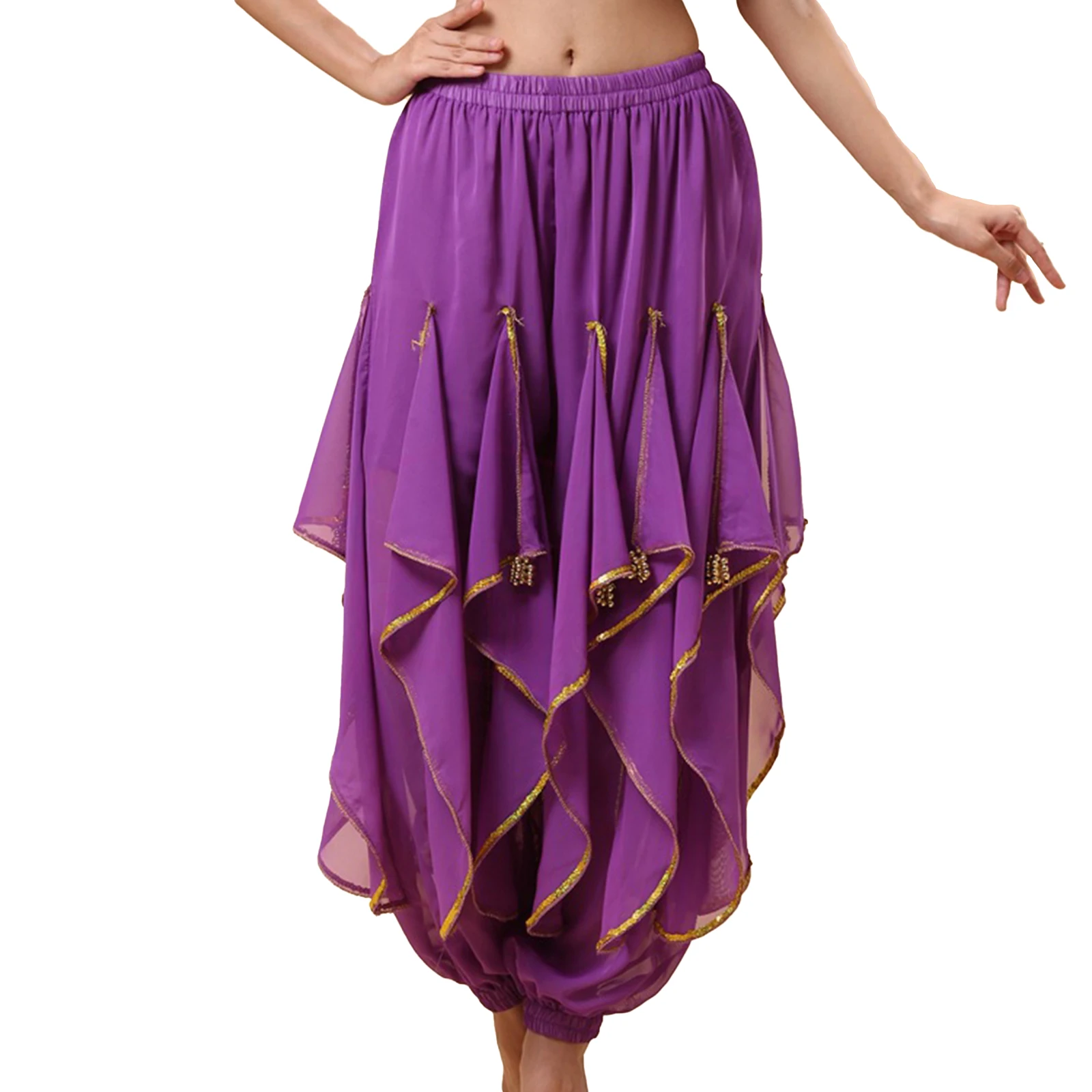 Womens Belly Dance Performance Costume Sequin Trim Pants Elastic Waistband Ruffles Trousers with Plastic Beads