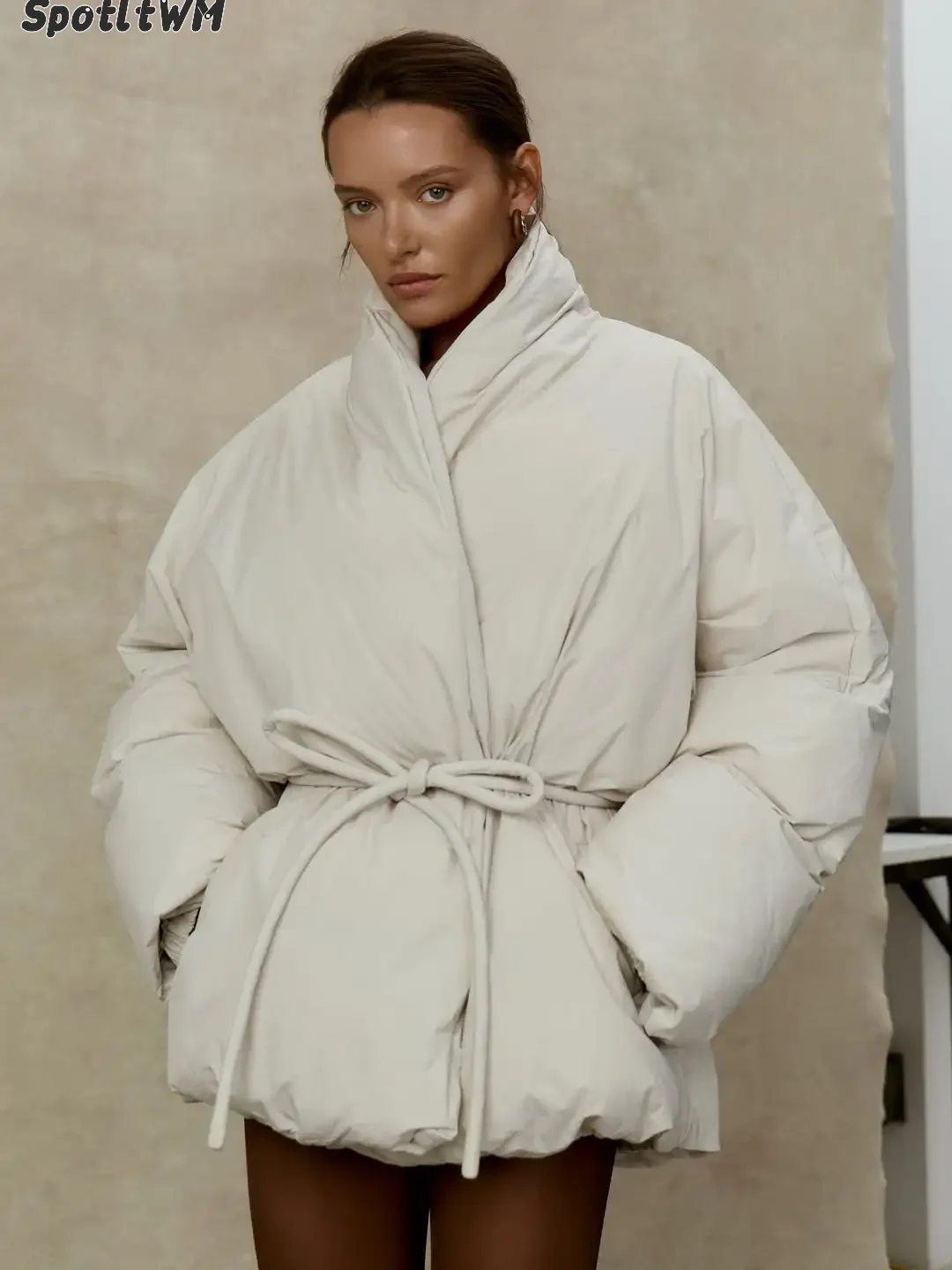 Women Off White Wrap Puffer Jacket Stand Collar Self Tie Belt Waist Long Sleeve Loose Warm Winter Lady Quilted Outerwear Coat
