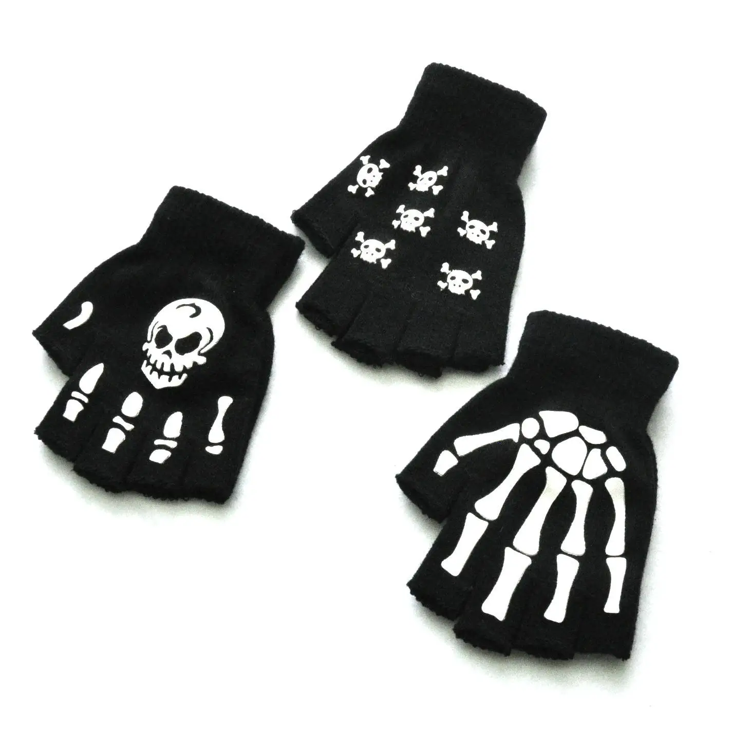 Winter Knit Half Finger Gloves Halloween Glow Skeleton Print Anti Slip Design For Cycling Sports Cold Weather Protection