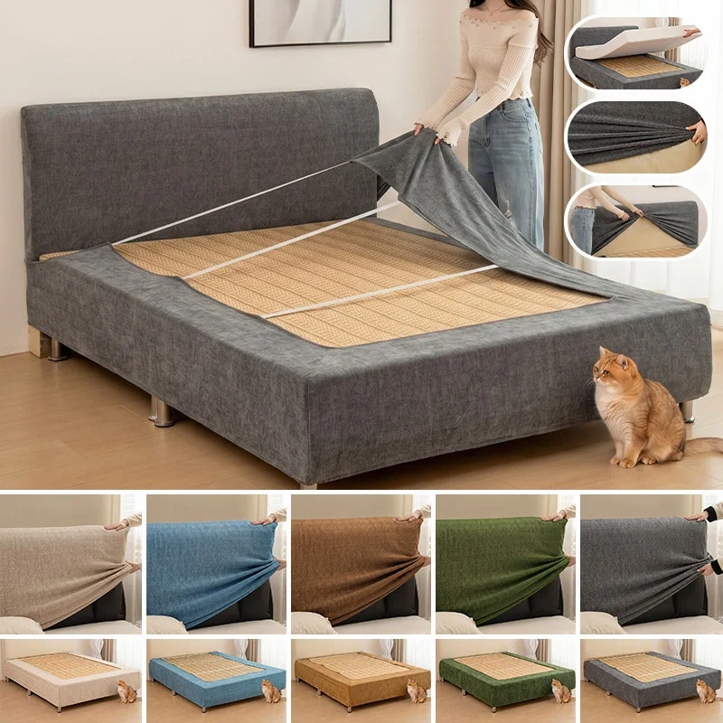 Elastic Bed Frame Cover Chenille Bed Skirt Protector Anti-Scratch Cat Proof Removable Washable Stretch Bed Skirt Boxspring Cover