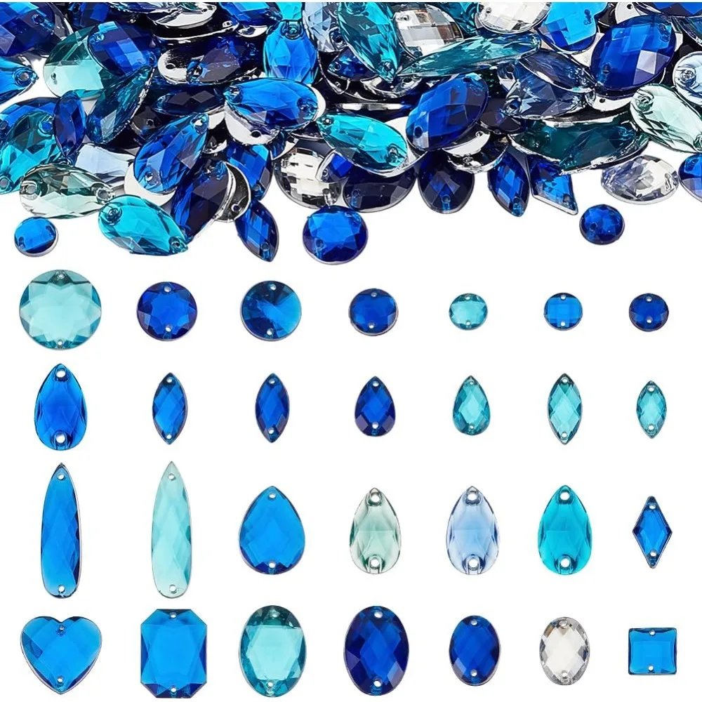 

420Pcs Acrylic Sew On Rhinestone Royal Blue Flatback Rhinestones for Clothes Crafts Mixed Shape Rhinestones Gems 2 Hole Sewing