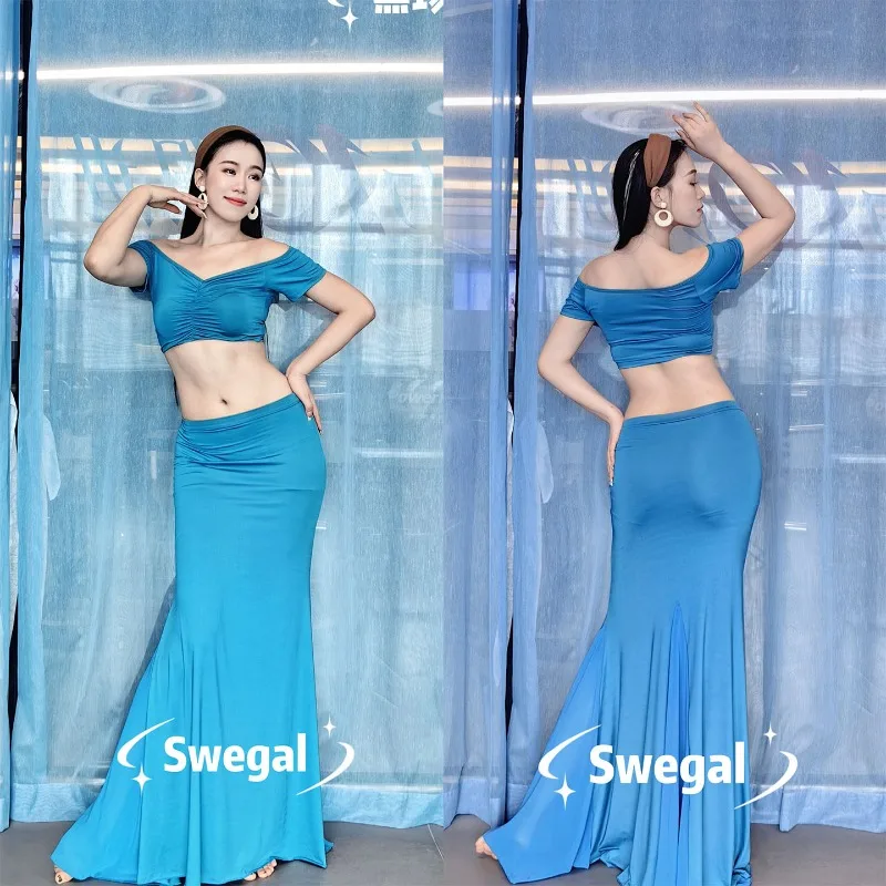 Customized Belly Dance Practice Dress with One Collar Short Sleeve and Insert Piece Non Split Large Swing Skirt Oriental Dance