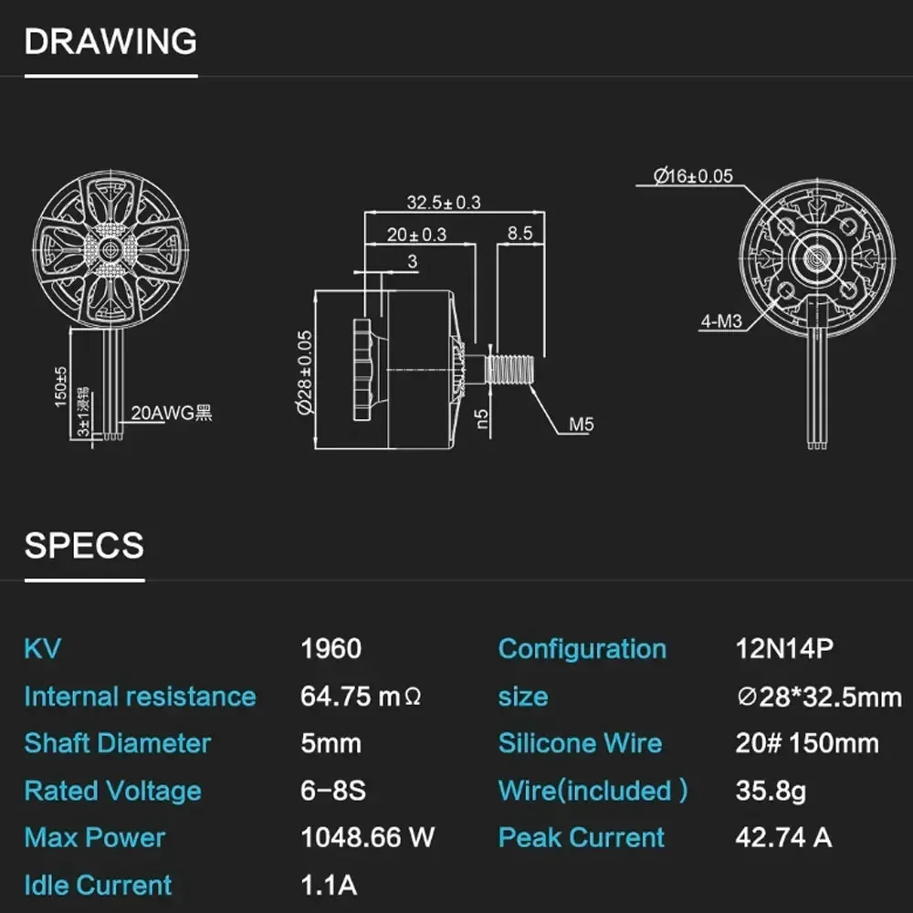 

Axisflying C227 1960KV Brushless Motor for 12N14P 6-8S Lipo 5mm Shaft For Manta 5 PRO FPV Drone 5inch Cinematic DIY RC Parts