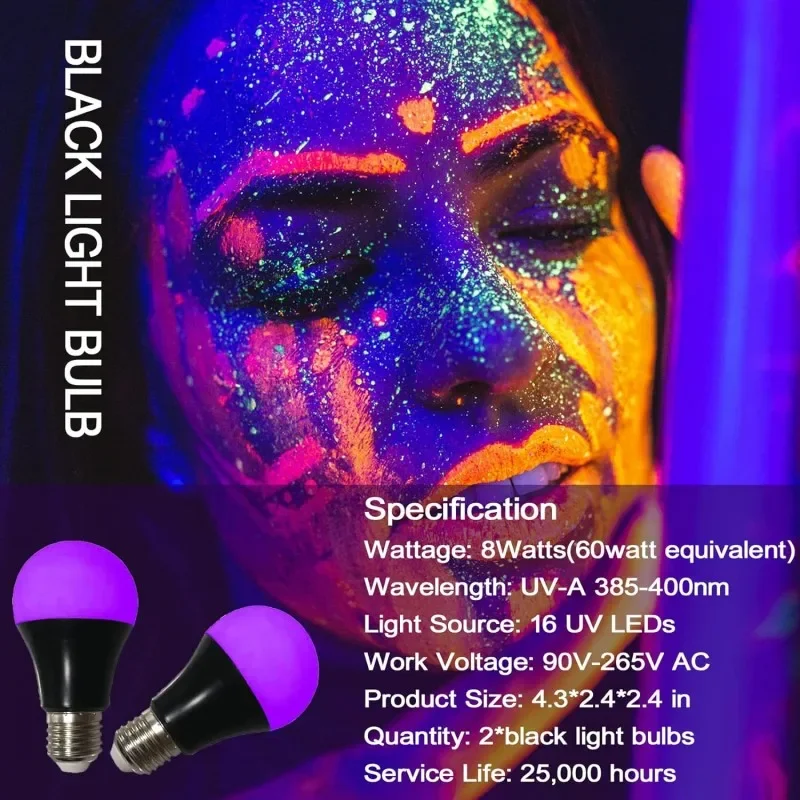 블랙라이트 전구 9W LED UV 블랙라이트 395-400nm 검정색 바디페인트 형광 포스터 네온 글로우 램프