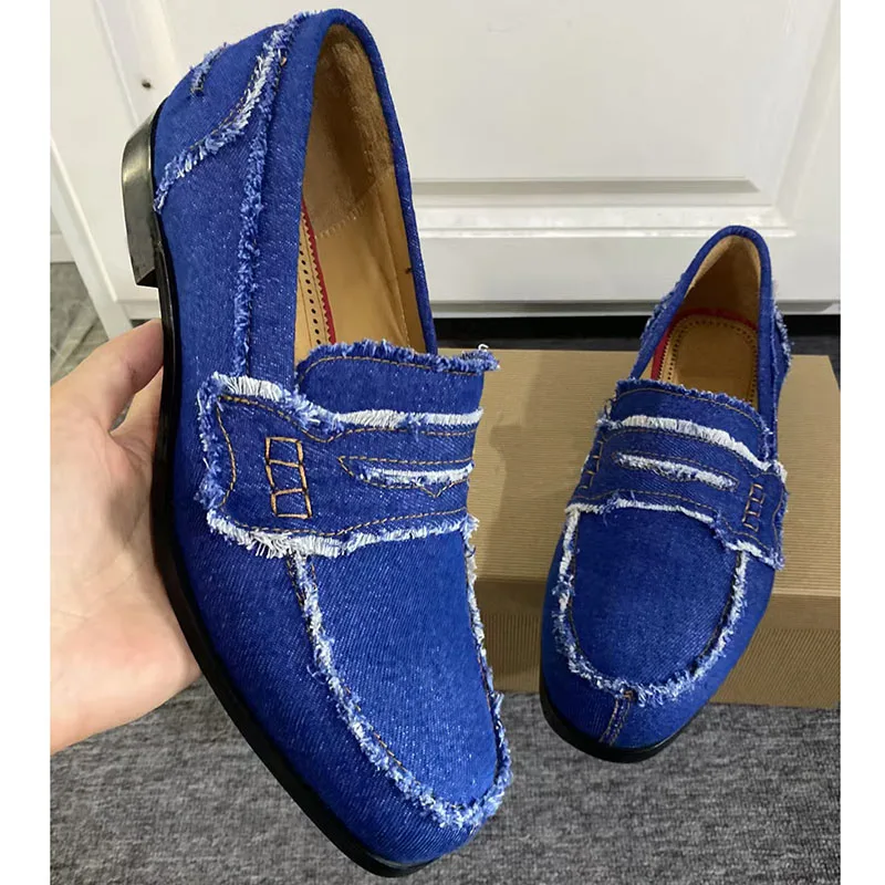 Blue Denim Tassel Shoes Man Pointed Toe Slip On Hand-made Flats Male Fashion Party Shoes