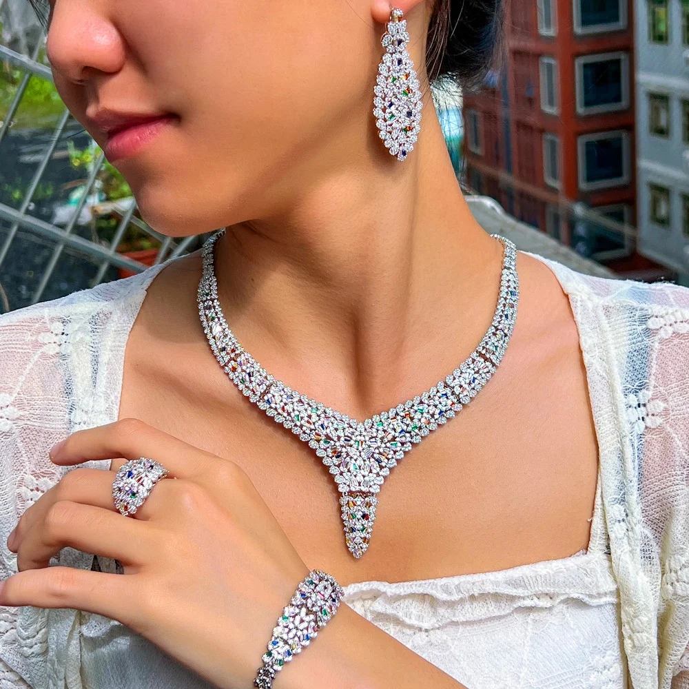 CWWZircons Luxury Chunky Multi Color Cubic Zirconia Pave Women Wedding Party Bridal  Jewelry Sets Dubai 4pcs Accessories T751