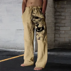 Summer fashion new men's wide-leg pants lion print handsome loose casual pants daily comfortable bamboo linen men's trousers