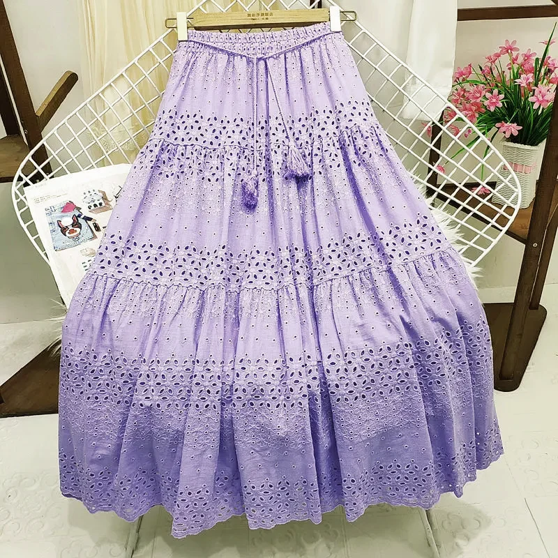 Crochet Hollow Out Lace Skirt for Women 2024 New Elegant Solid All-match A Line Belt High Waist Midi Long Skirt Female