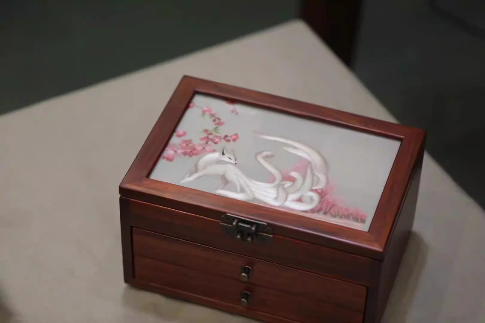 Suzhou embroidery double-sided embroidered solid wood jewelry box, new Chinese retro style three-layer storage exquisite gift