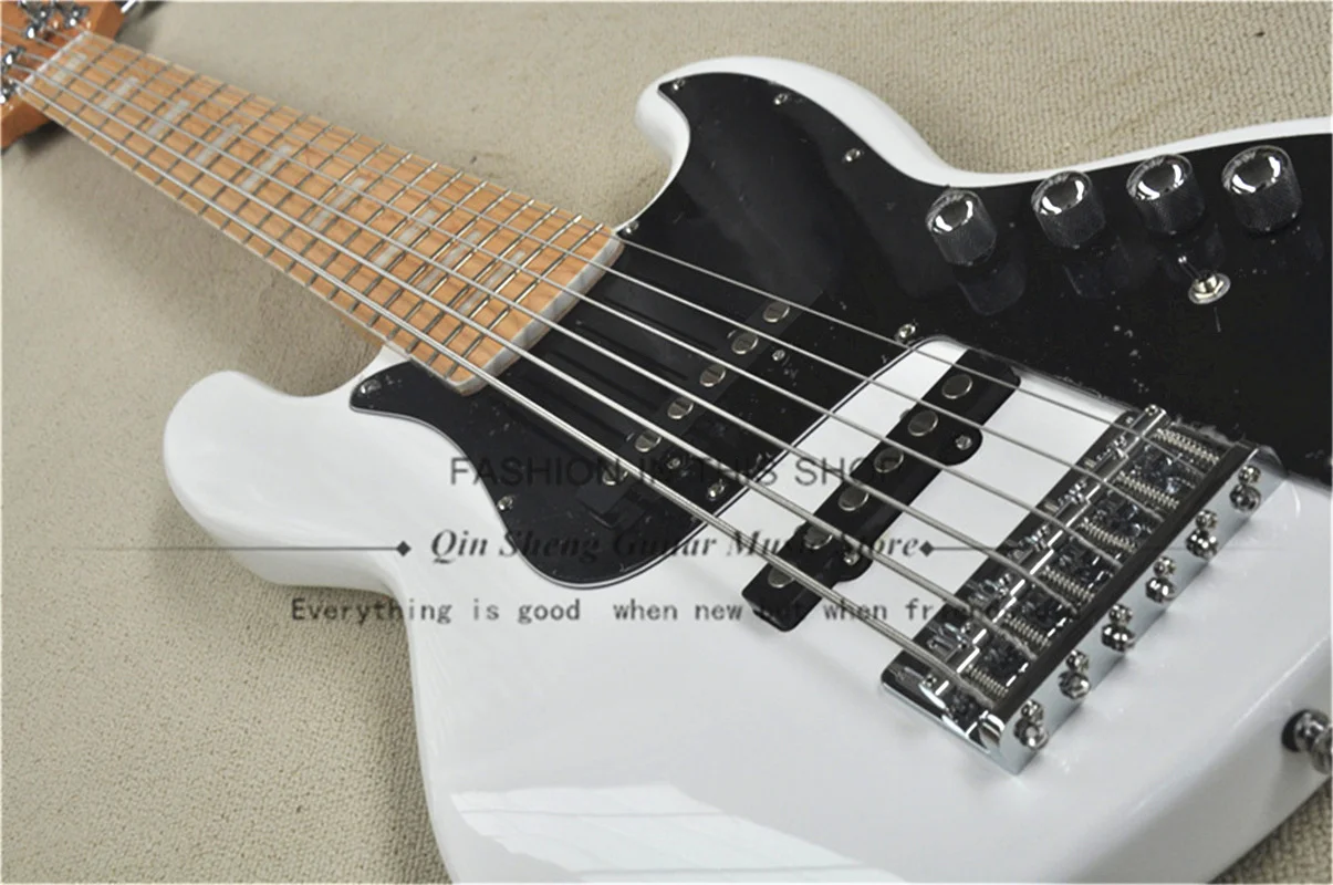 6 Strings White Bass Guitar White Basswood Body Maple Neck Fixed Bridge Black Pickguard Active Battery