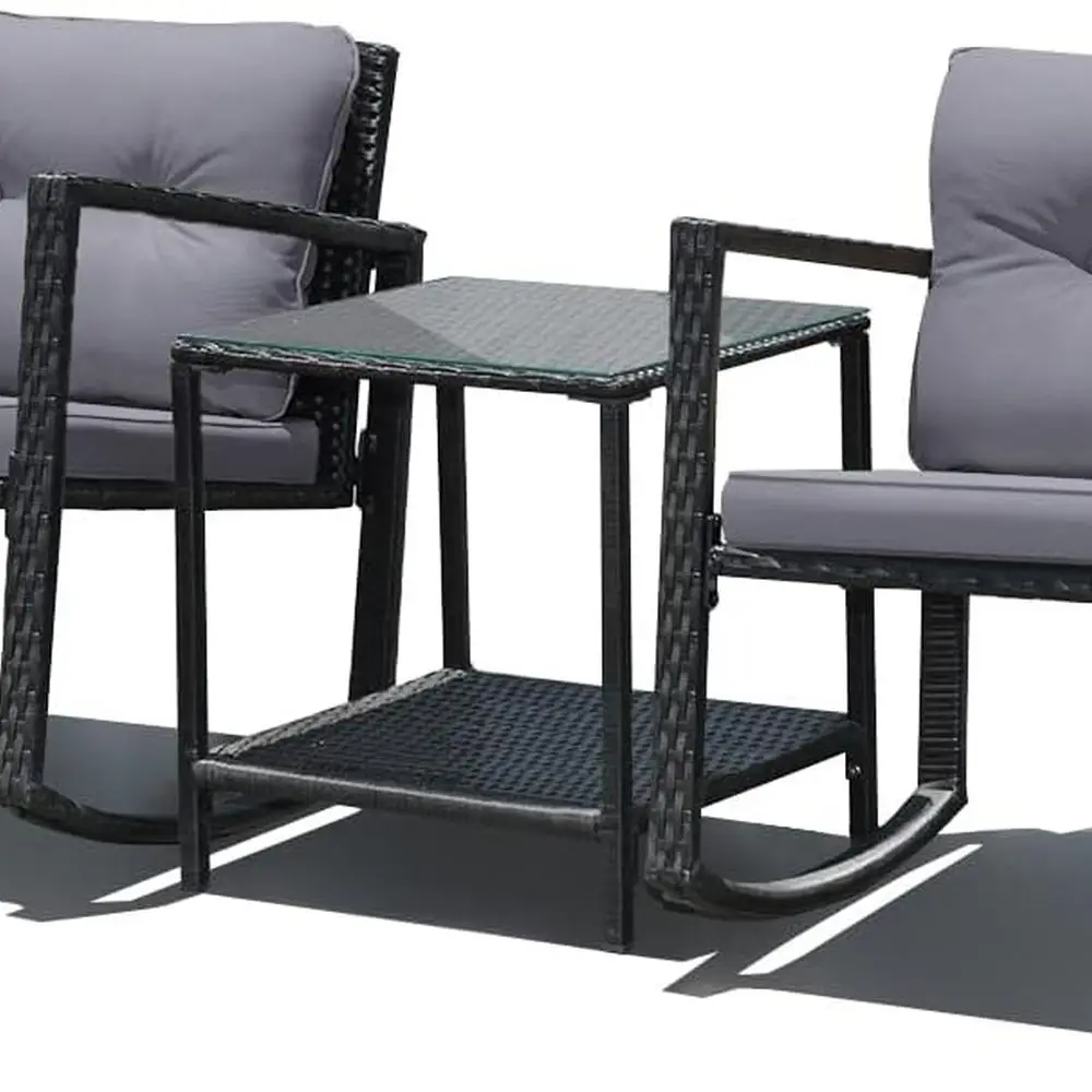 

Patio Furniture Set, Rattan Rocking Chair and Glass Coffee Table with Cushions, Outdoor Wicker Conversation Bistro Set of 3 for