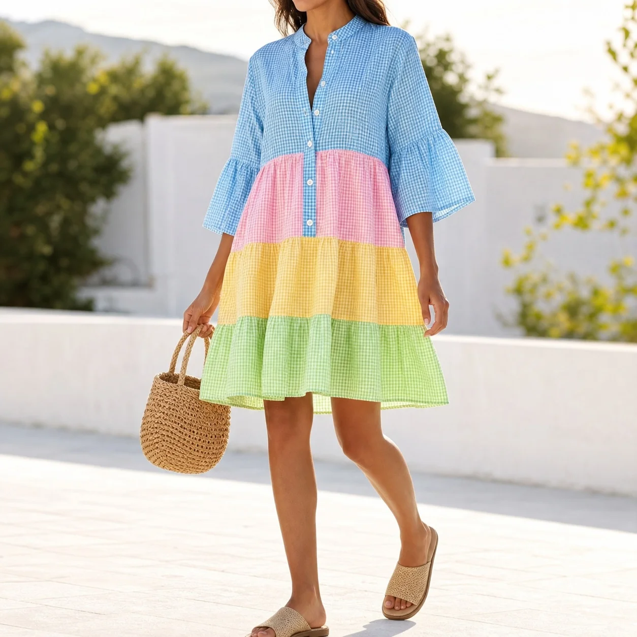 Women's Casual Summer Dress for Women with V Neck Flared Three Quarter Sleeve Loose Fit Tiered Midi Color Block Button Front