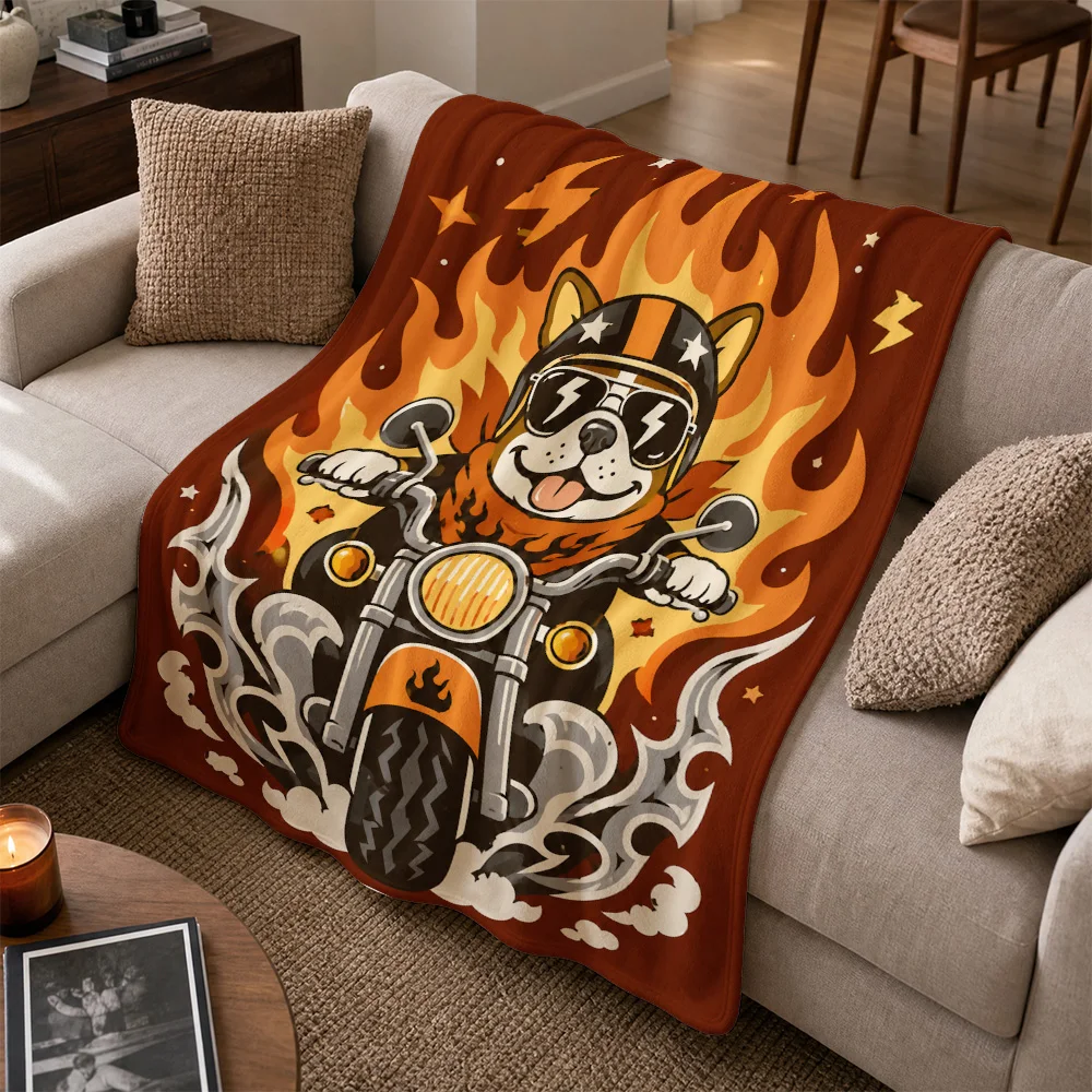 Trendy Cat on Bike Motorcycle Throw Blanket for Sofa Couch Home Decor Pop Art Street Style Comic Accent Cozy Living Room Gift