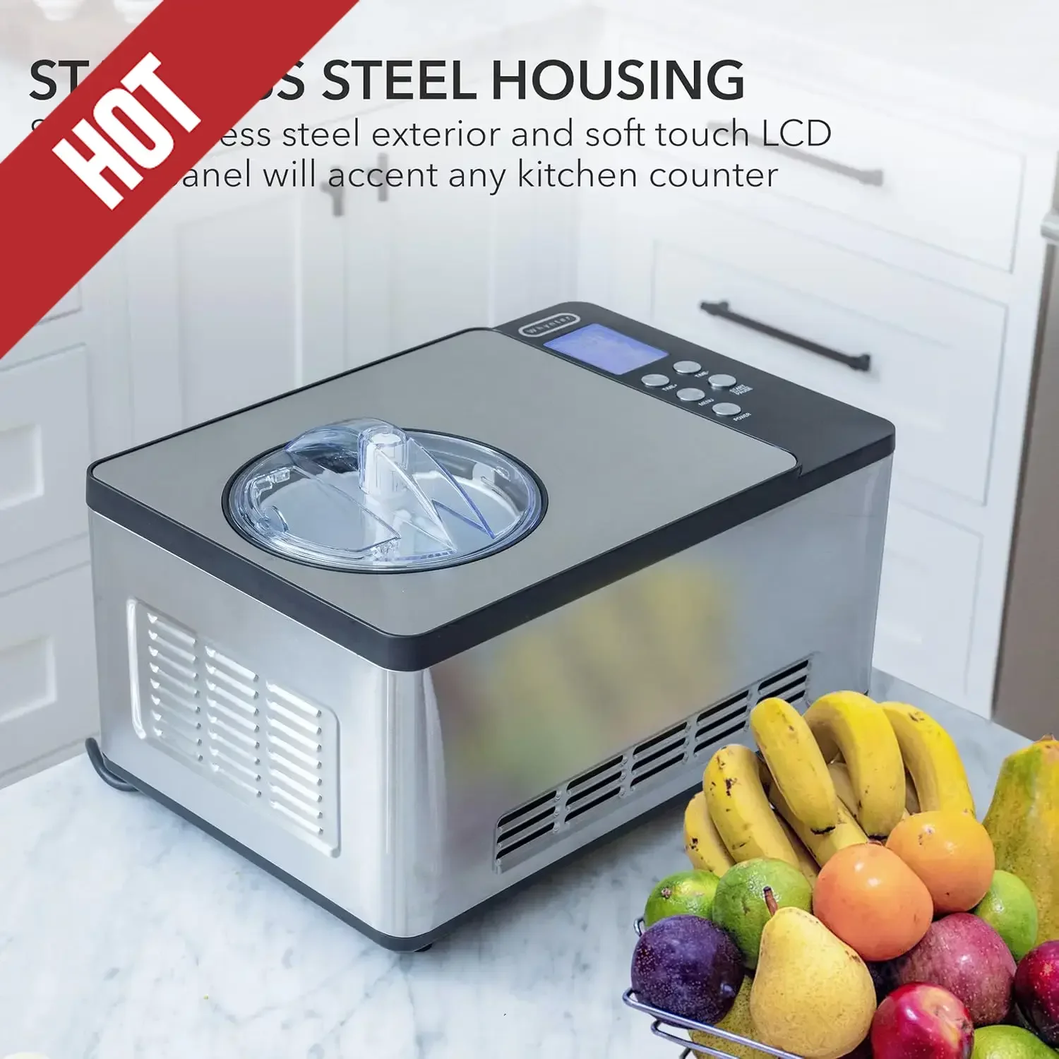 

Ice Cream Maker Machine & Yogurt Automatic 2 Qt. With Built-In Compressor, LCD Digital Display & Timer, Stainless Steel,customiz