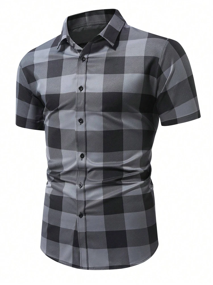 Casual Men's Checkered Shirt: Stylish and Versatile Summer Print Short-Sleeve Shirt with A Slim Fit and Button-Down Collar