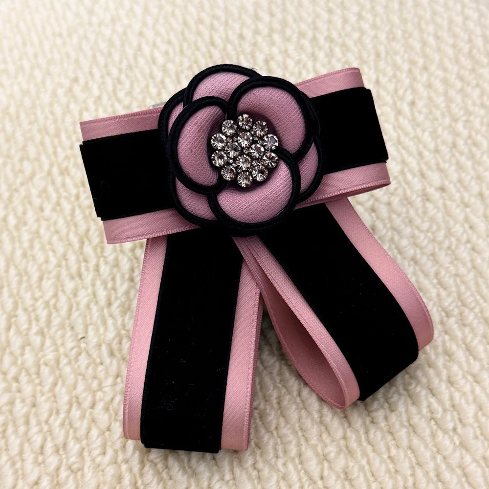 New Arrival Camellia Rhinestone Bow Tie for Women Velvet Color Block Sparkling Brooch for Dress Coat Collar Party Wedding Daily