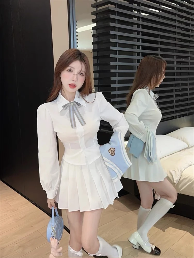 Spring 2024 Japanese Korean JK Uniform Set Light Blue Sweet Girls Knitted Vest Bubble Sleeve White Shirt A Line Pleated Skirt