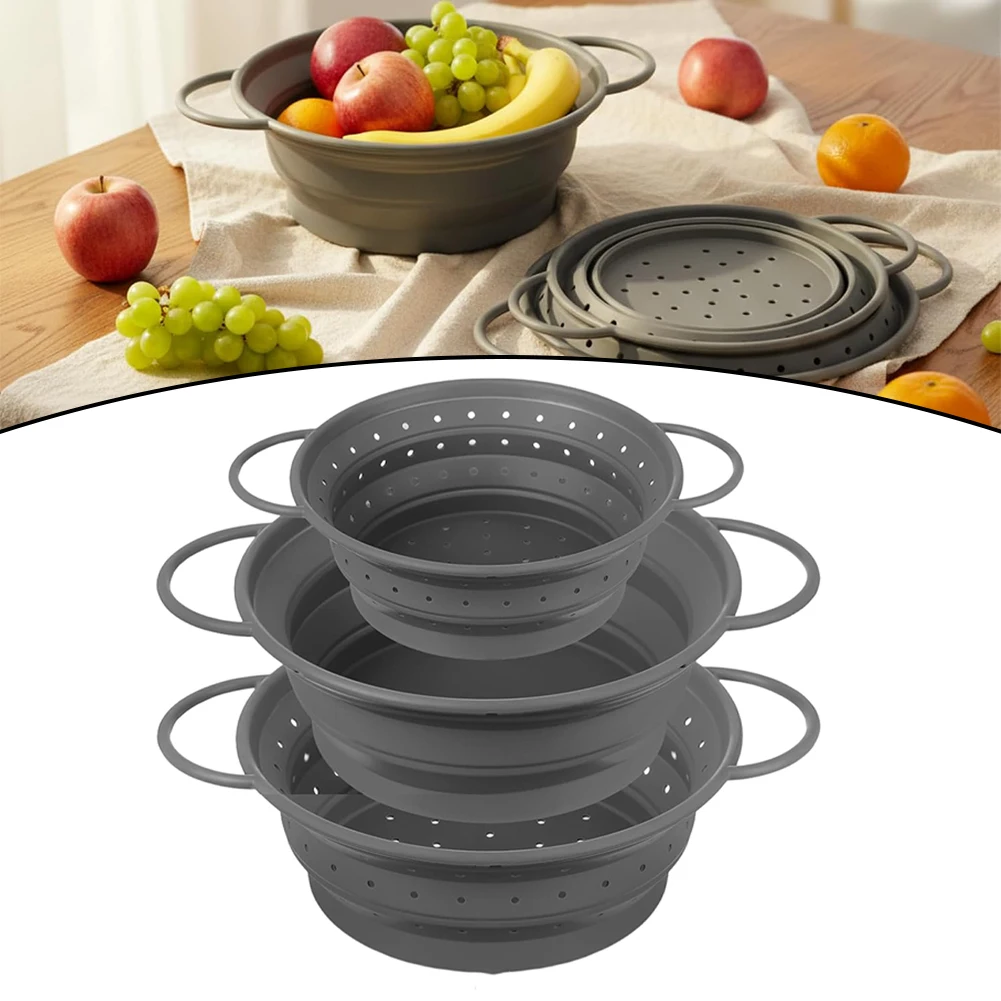 Kitchen Silicone Colander Set with Foldable Design and 304 Stainless Steel Rim for Safe and Efficient Food Drainage and Rinsing