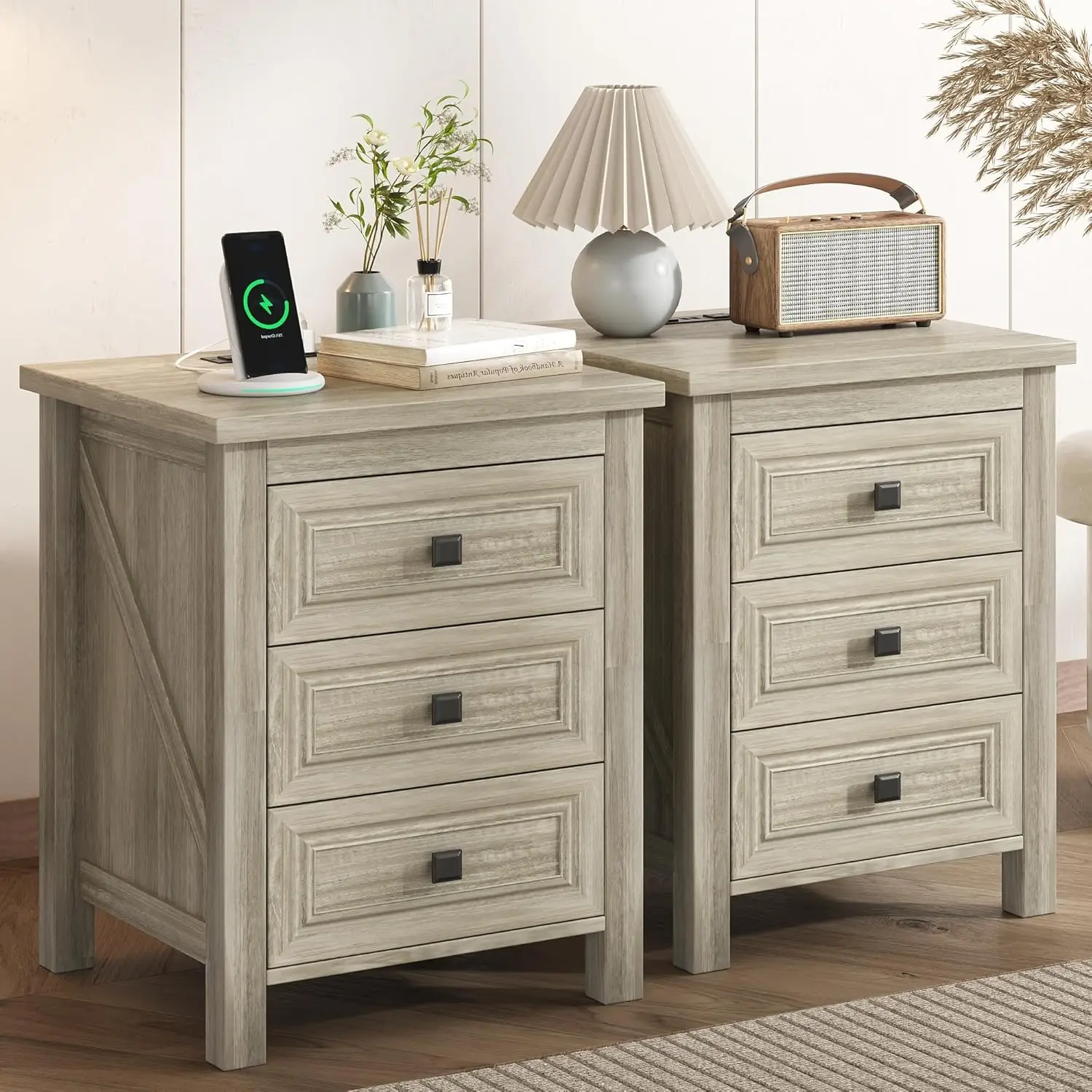 

Rustic Wood Nightstand 3 Drawers Charging Station Bedroom Living Room 18in Grey Customized