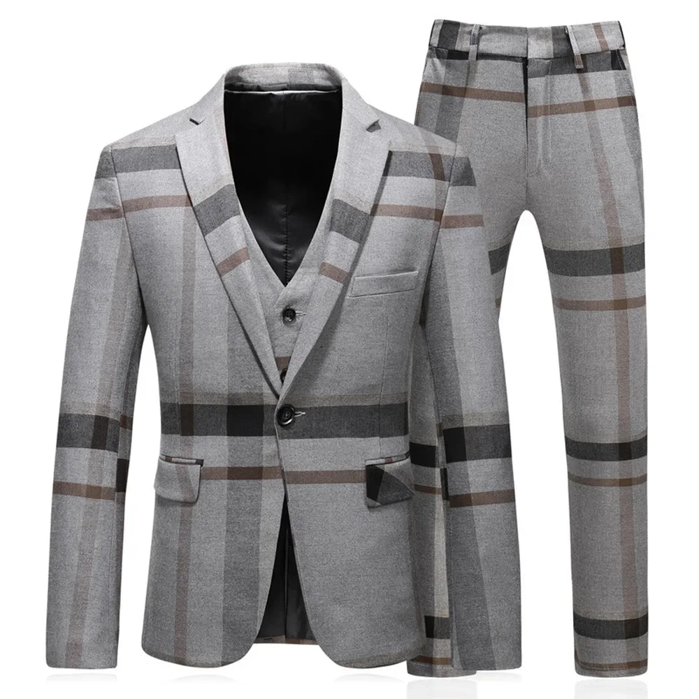 Jacket Vest Pants 2023 High Quality Men Suits Fashion Grid Men Slim Fit Business Groom Wedding Plaid Blazers Coat 3 Pieces Sets