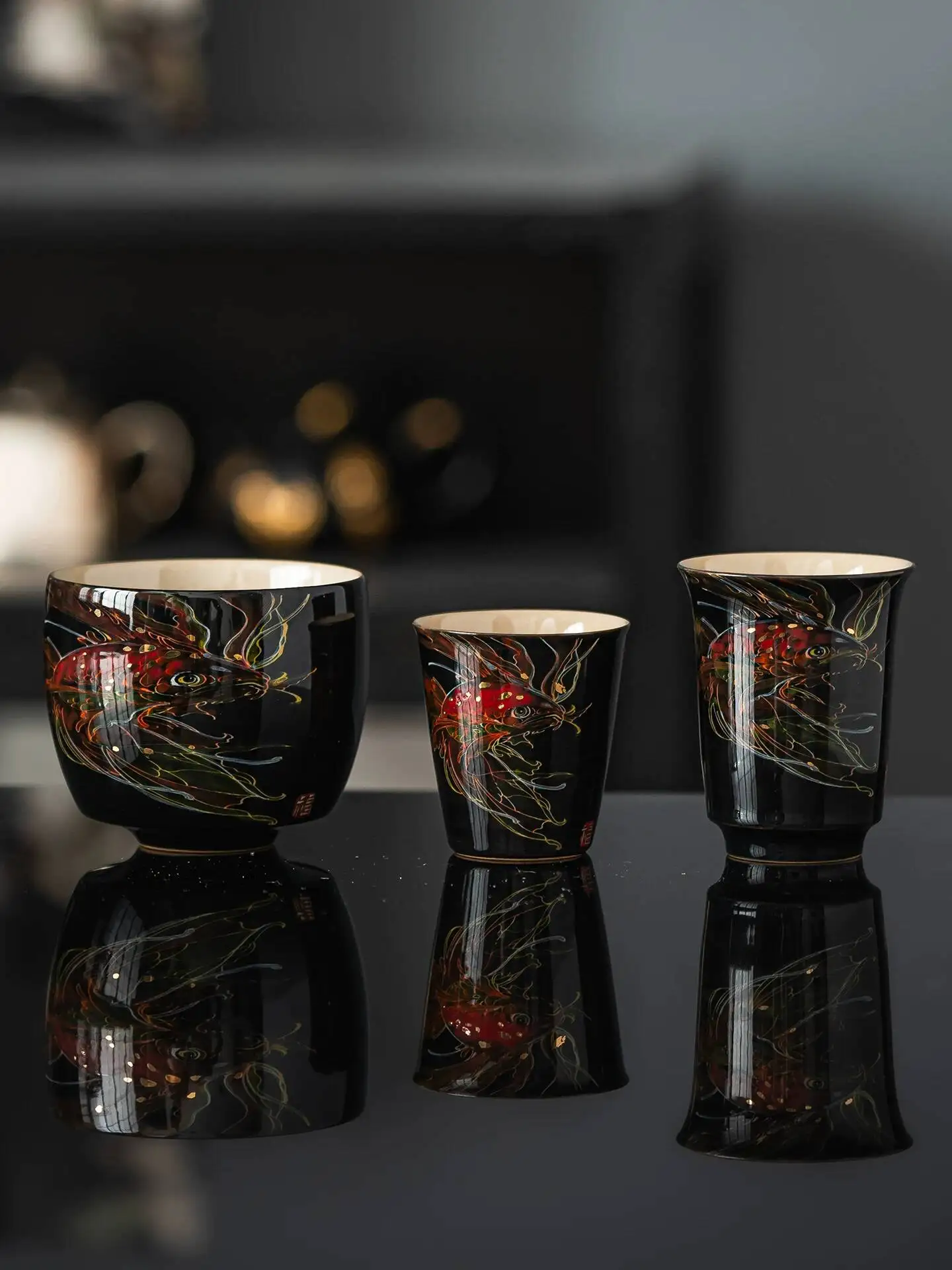 Hand-Painted Dragon Fish Tea With Plant Ash Glaze, Ceramic Master Cup, Single Cup For Home Use, High-End Chinese-Style Gift