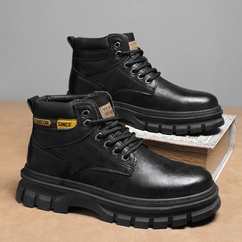 Men's High Top British Style Workwear Boots Autumn New Thick Sole Versatile Casual Shoes Wear-Resistant Comfortable Leather