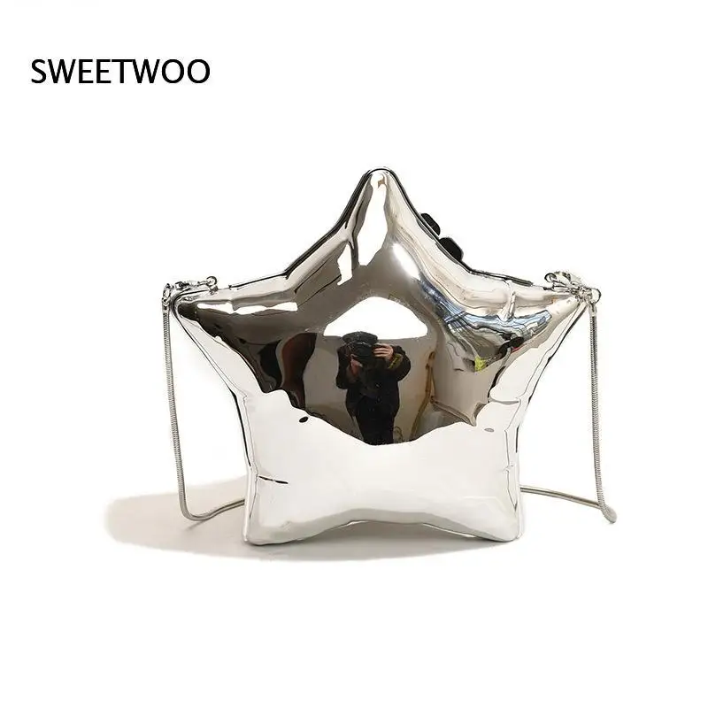 Shiny Five-Pointed Star Mini Crossbody Bag Mirror Surface Chain Strap Novelty Party Evening Handbag Multi Bright Colors