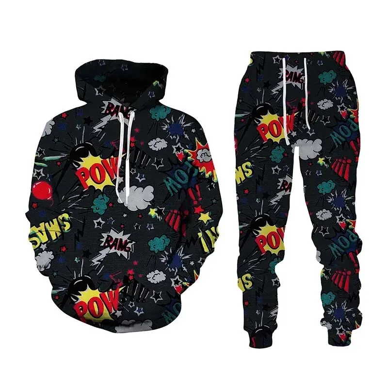 Sweat à capuche imprimé 3D graffiti drôle pour hommes, pantalon de survêtement PVD imbibé, mode décontractée, ensemble de survêtement deux pièces, vêtements pour hommes, automne