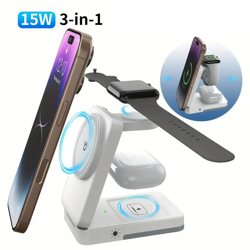 

Светодиодная подставка для беспроводного зарядного устройства 3 в 1, складная для iPhone 17, 16, 15, 14, 13, 12, Apple Watch 2-9, Airpods Pro, станция быстрой зарядки