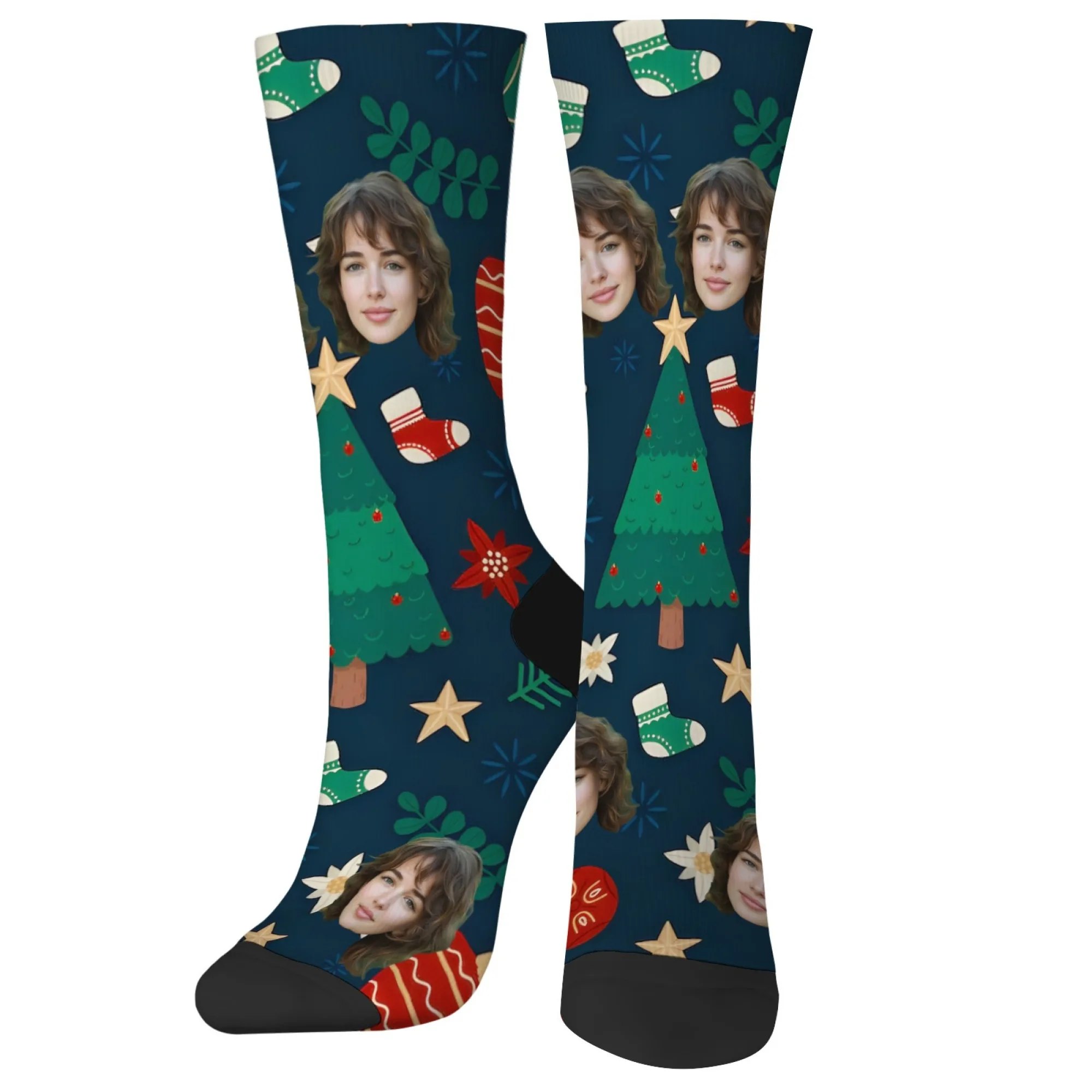 Personalized Christmas Gift Socks Custom Face & Christmas Elements Tree Socks Ornaments on Dark Blue Unique Present for Family