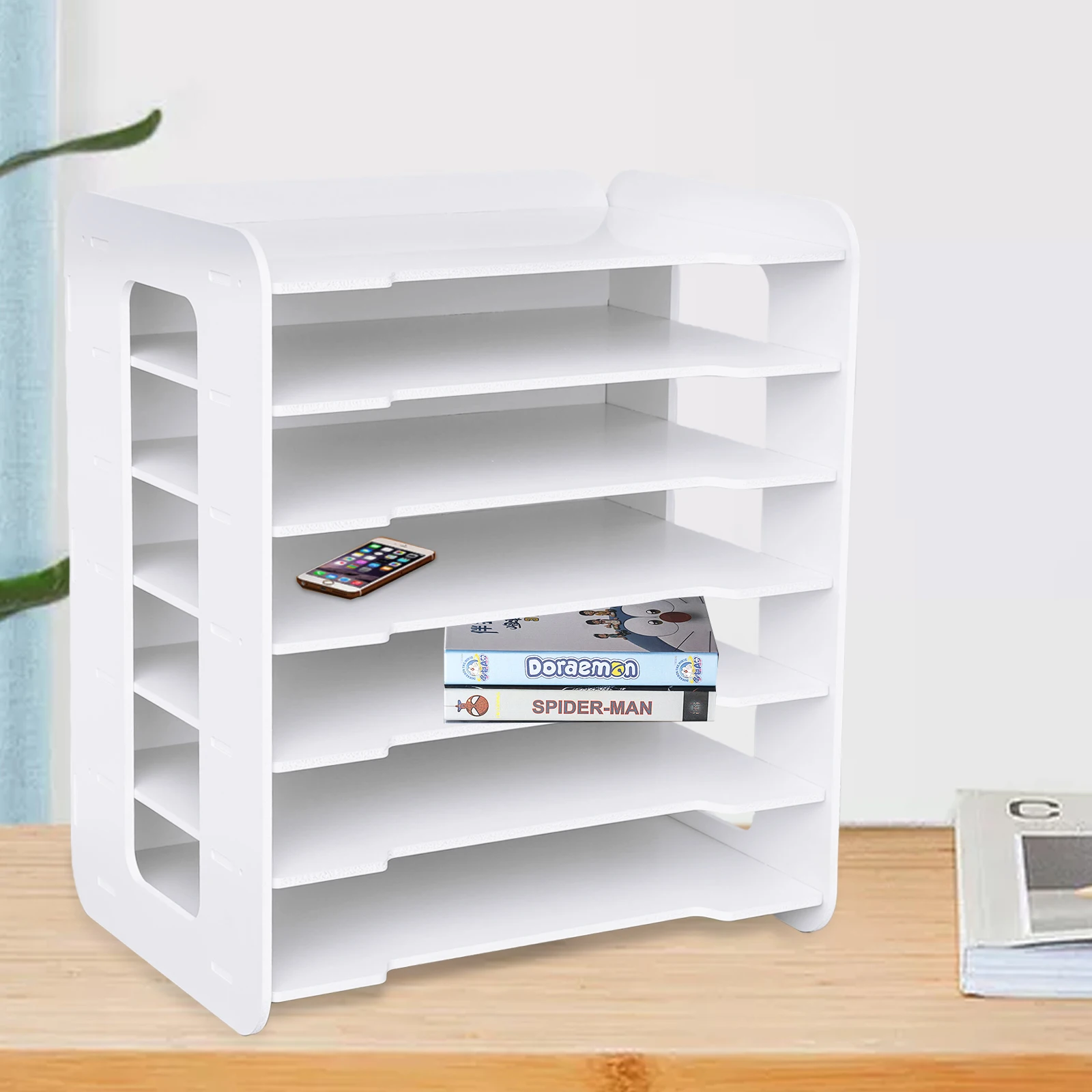 7 Tier White Wooden Office Desktop Organizers File Document Rack Shelf for Home Office School Classroom Supplies