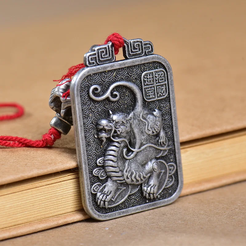 Tibetan Silver Pixiu Square Plaque Pendant Cultured Buddhist Beads Side-Hanging Alloy Wealth-Attracting Treasure Pendant Jewelry