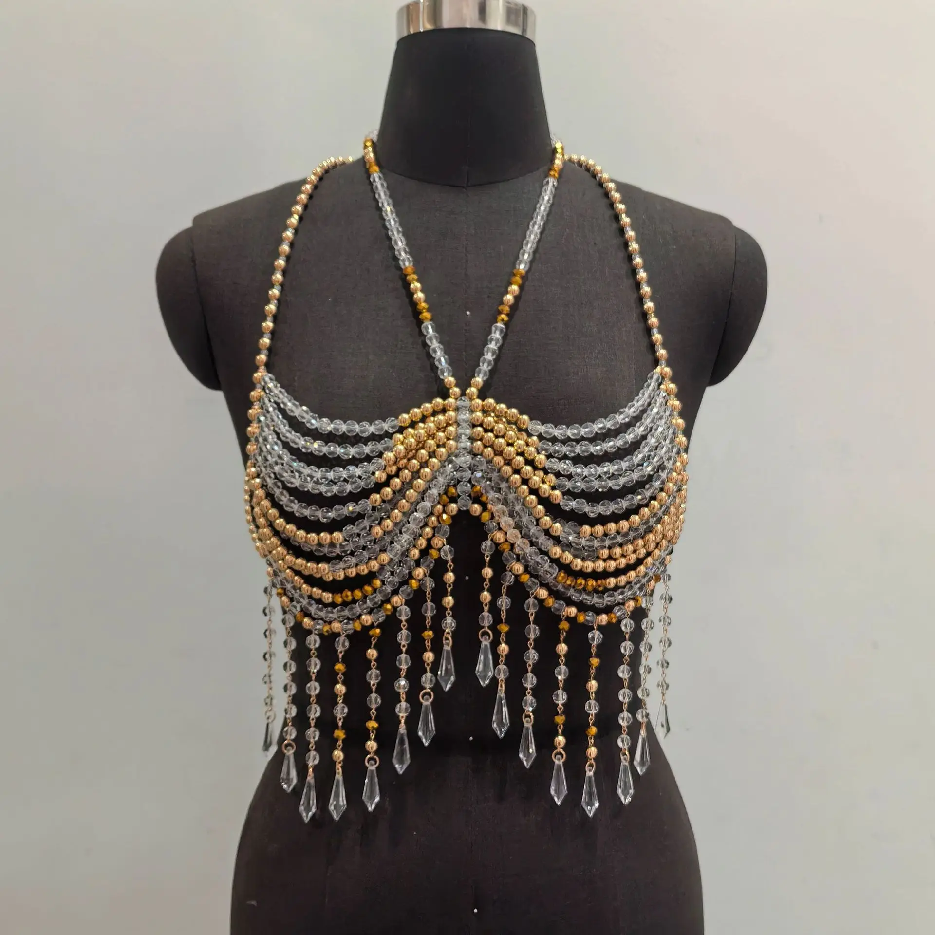 Hot Selling Bead Strapless Tank Top, Gold Bead Body Chain, Sexy Hot Girl Hanging Neck Bead Vest, Hawaiian Vacation Chest Accesso