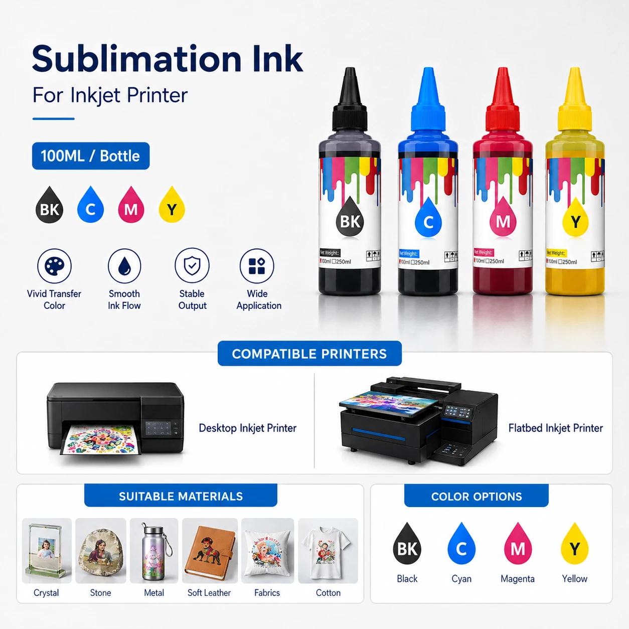 100ml Sublimation Printing Ink for Epson ET-2720 ET-2760 ET-4700 ET-4760 WF3620 WF3640 WF7610 WF7620 WF7710 F500 Printers