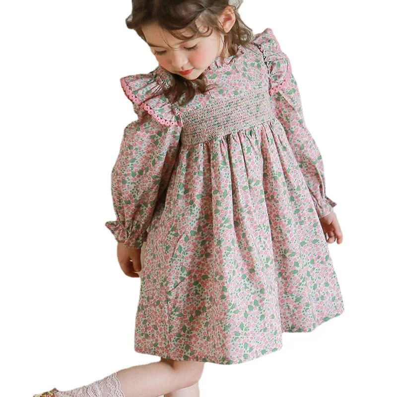 New Korean Style 1-12 Yrs Baby Girls Dresses Crew Neck Long Sleeve Spring Ruched Clothing Girl Cotton Floral Dress 3Colors CC096