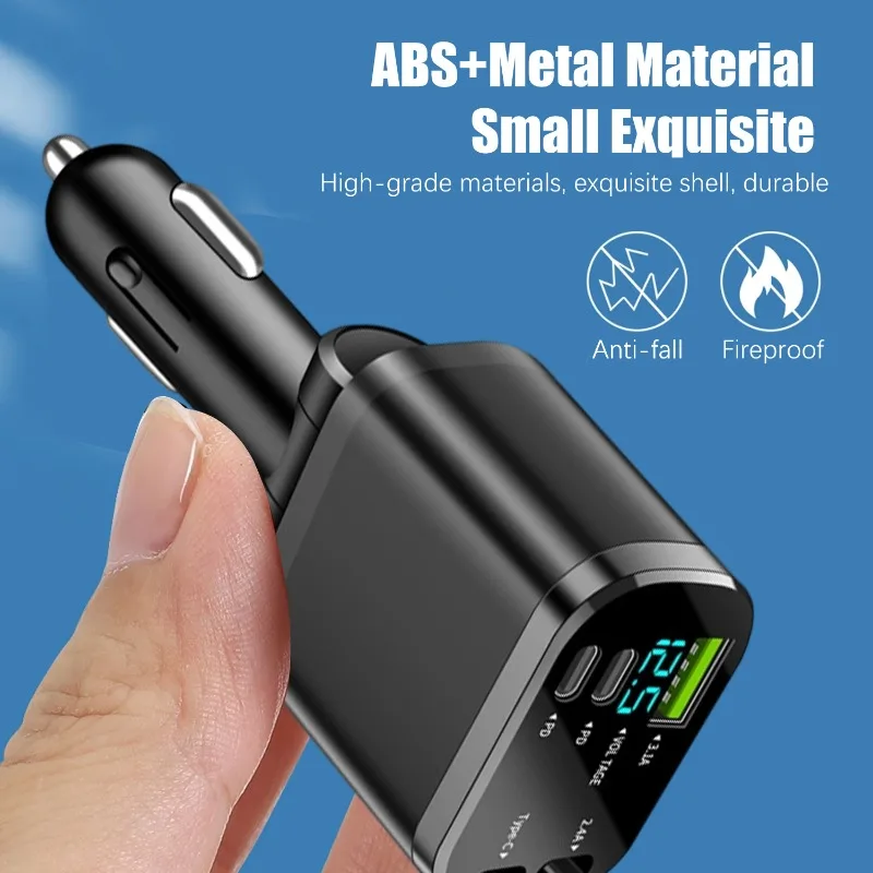 5 في 1 لمط مهايئ شاحن سيارة سيارة ولاعة السجائر محول عرض الجهد مع كابل قابل للسحب شاحن سريع 66 واط #4