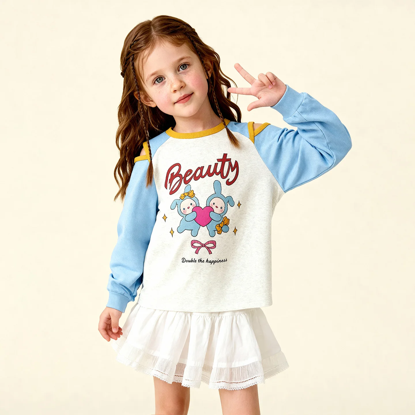 Amila Spring Girls' Hoodie With Raglan Sleeves And Off Shoulder Lettering Cartoon Print Fashion Trend Children's Clothing Top