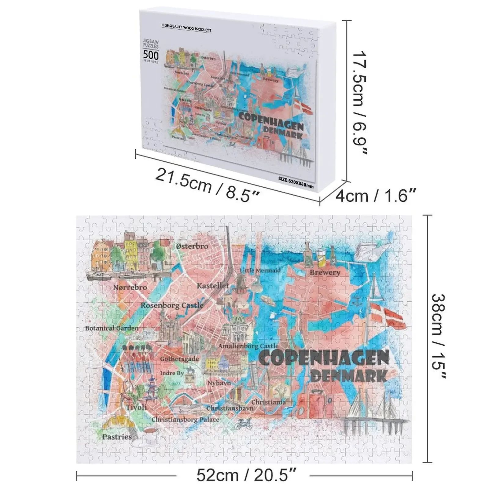 デンマークのコペンハーゲンのイラスト入り地図、主要道路、ランドマーク、注目の場所を示したジグソーパズル、アニメパズル