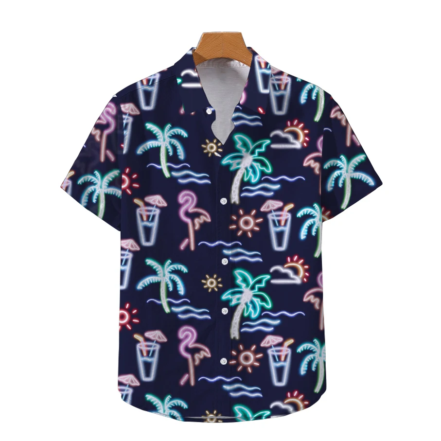 

Fashionable Hawaiian vacation shirt, summer casual glowing flamingo print beach shirt, men's street travel T-shirt