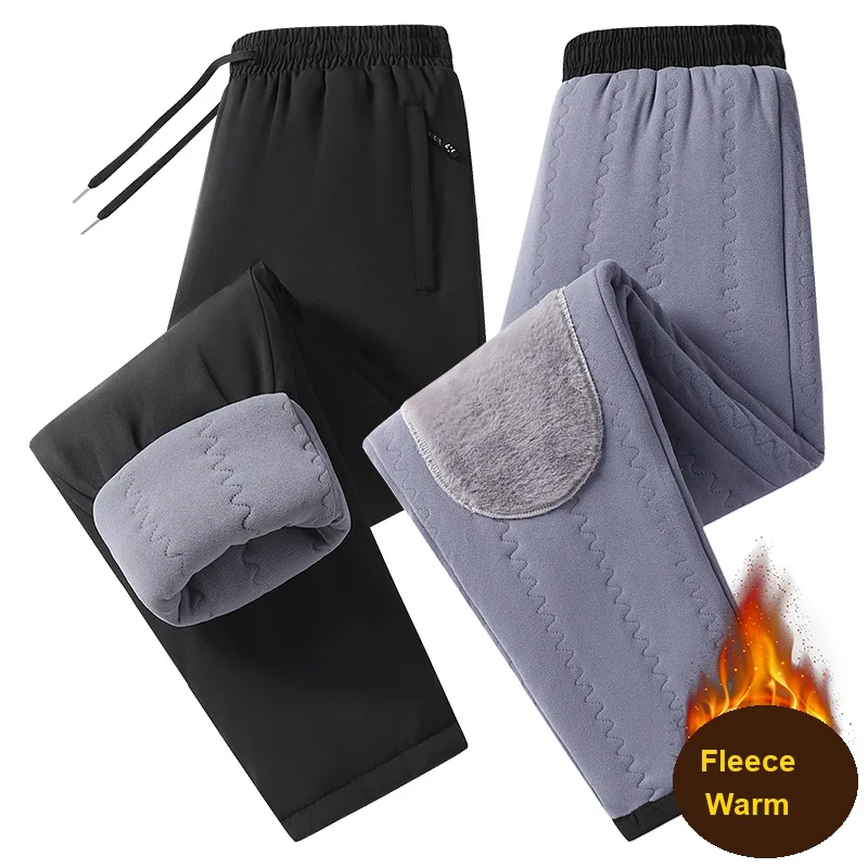 New Plus‑Size L‑8XL Men Lamb Fleece Lined Winter Pants, Thick Windproof Cuffed Warm Casual Sweatpants, Autumn Winter Trousers fo