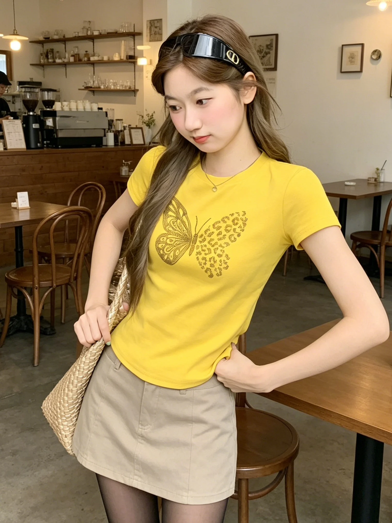 Yellow Design Sense Diamond Embedded round Neck Short Sleeve T-Shirt Women's Slimming Beautiful Top Casual Style Cotton Summe...