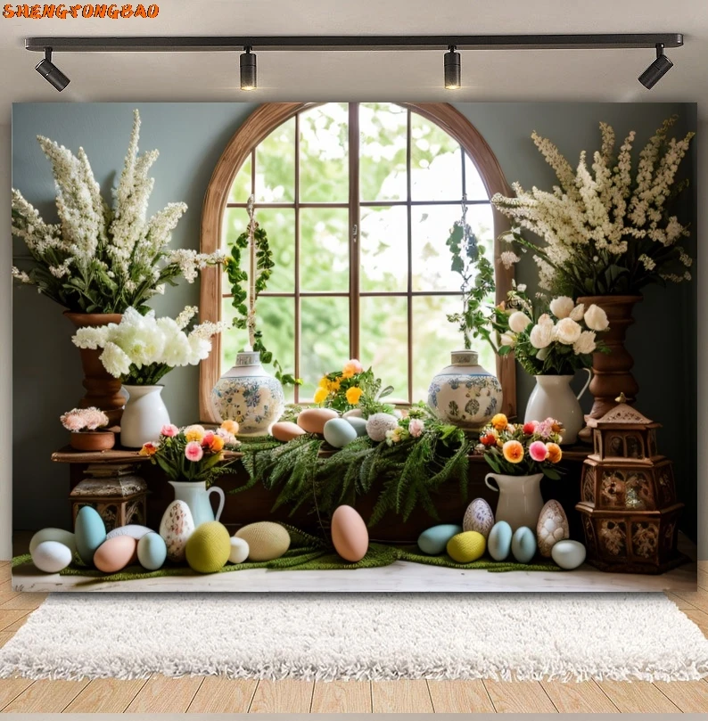 Toile de fond de photographie de Pâques de printemps, lapin, jardin floral, œufs colorés, lapin, fleur, fond d'anniversaire de bébé, studio photo