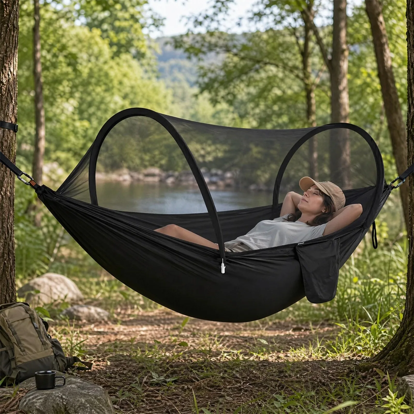 Camping Hammock Mosquito Net Outdoor Portable Lightweight 210T Nylon Hammock Anti Insect Breathable Travel Hiking Backpacking