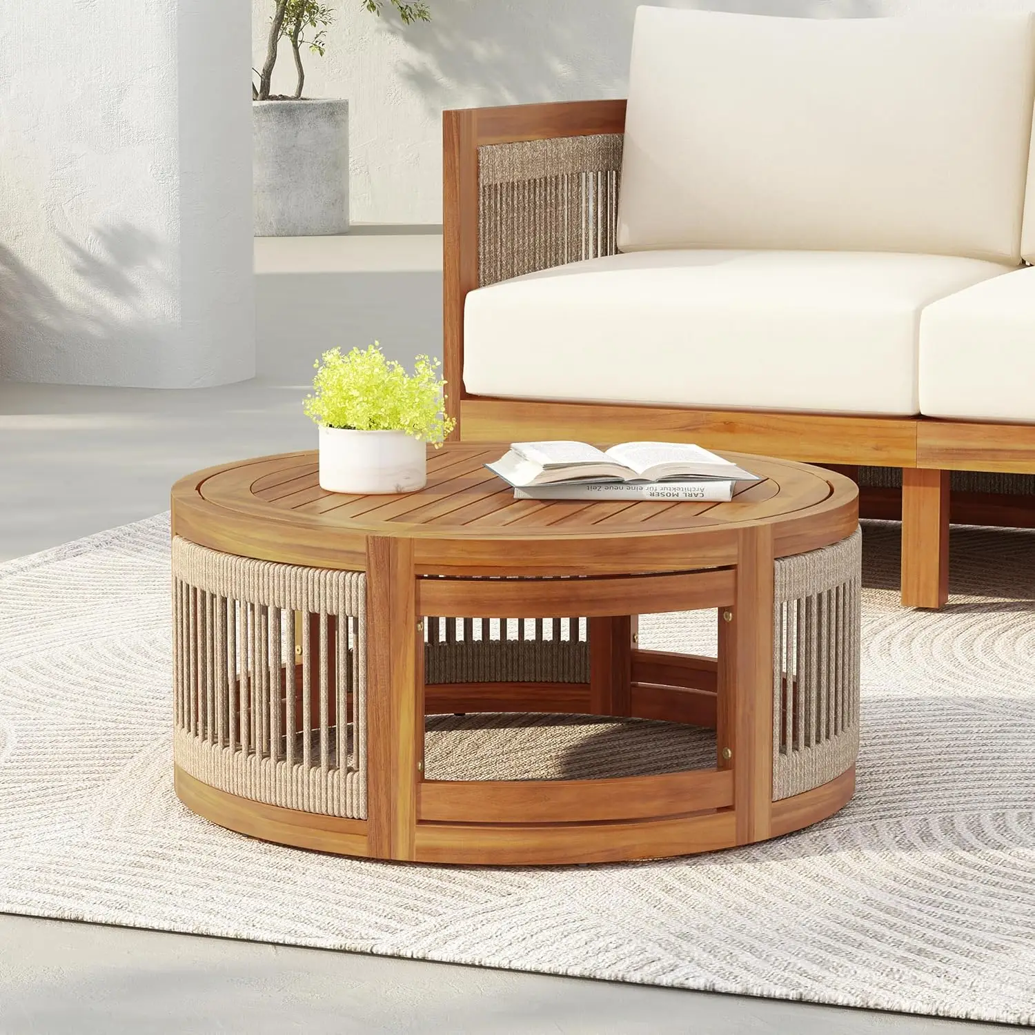 Outdoor Acacia Wood Coffee Table, Handwoven Rope Accent Tea Table For Patio Garden Poolside Deck Lawn, All Weather Slatted Center Furniture, Boho Modern Style, Teak Finish, One Piece