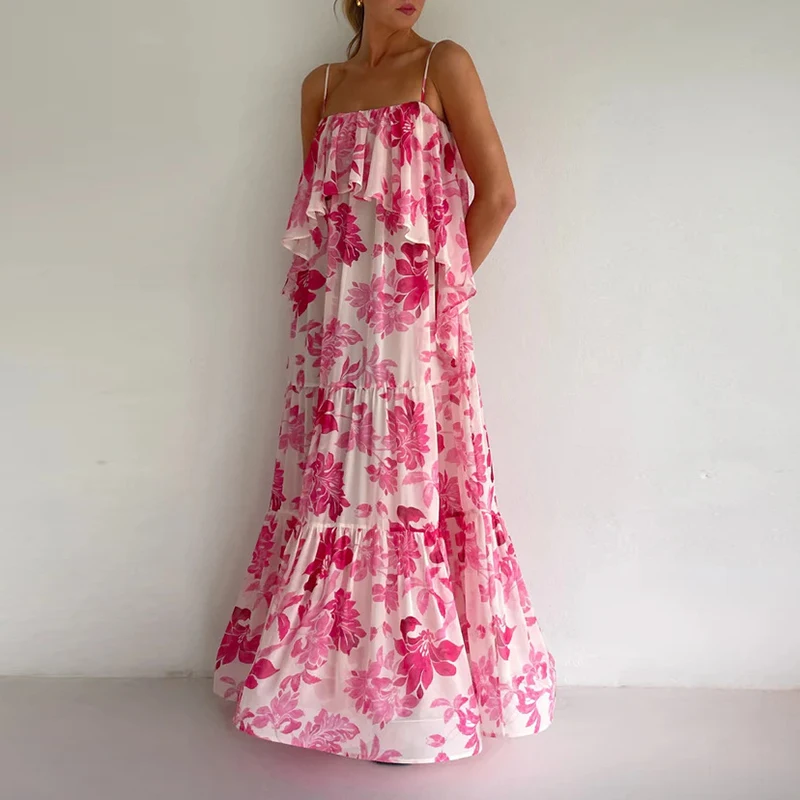 Chic Floral Print Suspender Long Dress Women Spring Sexy Slash Neck Ruffle Loose Party Dress Summer Sleeveless Hollow Maxi Dress