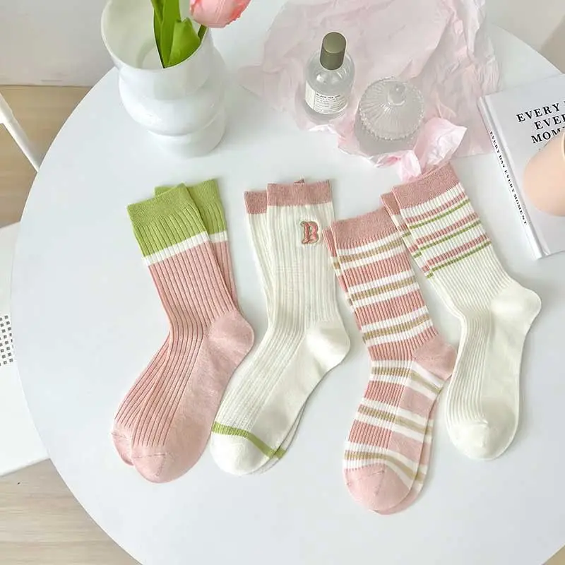 4 Pairs Women's Socks Set Korean Sweet Letter Stripes Kawaii Cute Casual Preppy Verstaile High-quality Breathable Socks For Girl