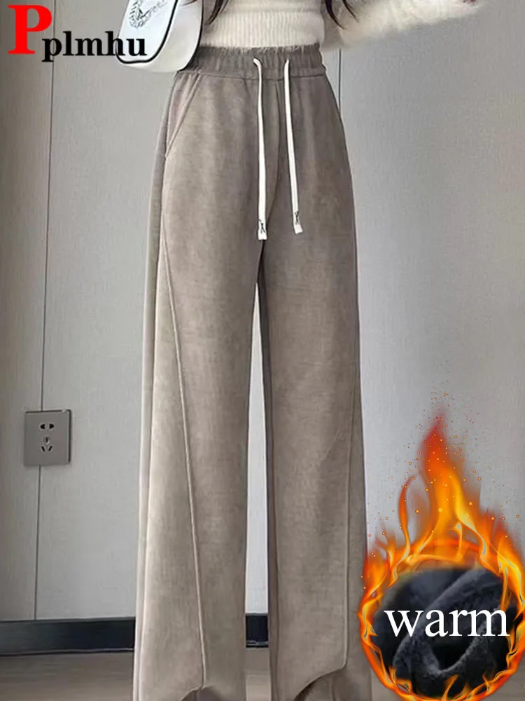 

Women Thicken Loose Wide Leg Pants Winter Warm Elastic High Waist Velvet Lined Straight Pantalones Korean Casual Snow Wear Calca