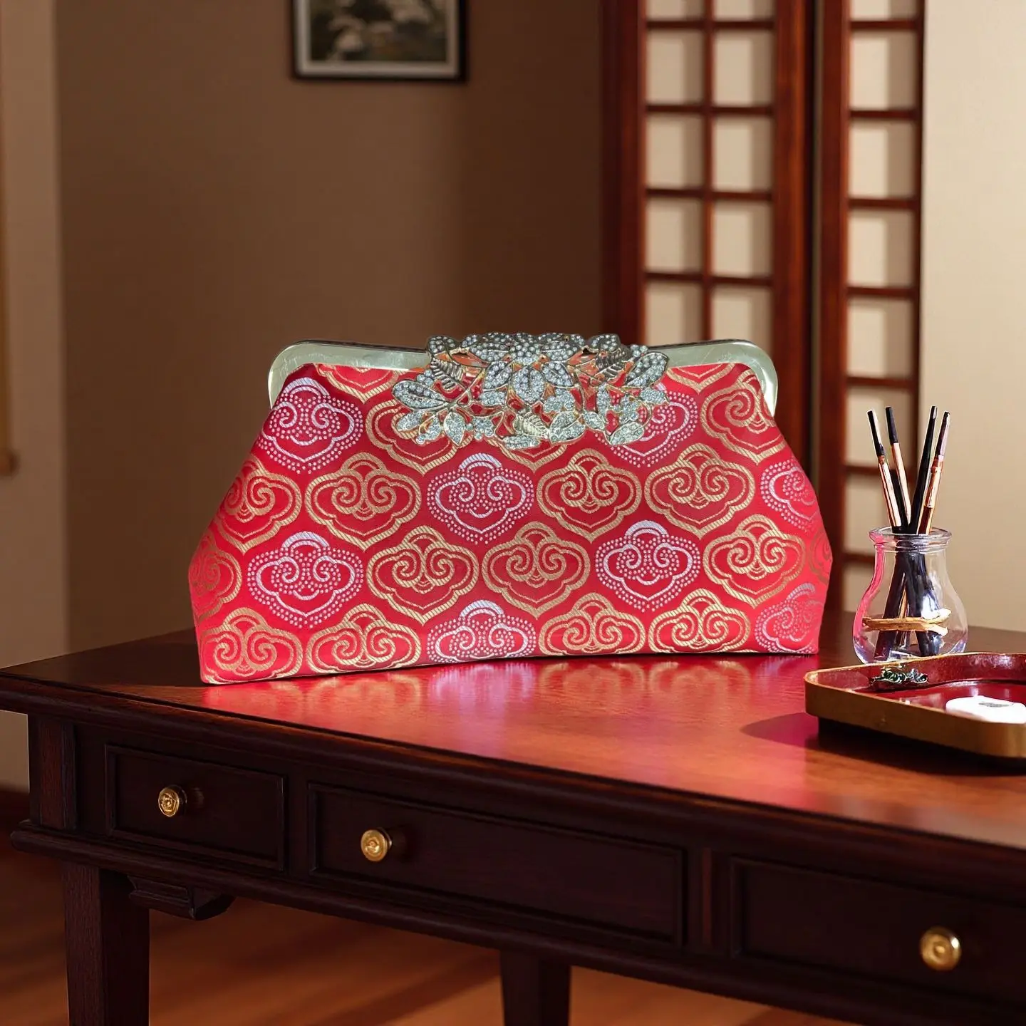 

Вечерние сумки с принтом в китайском стиле в стиле ретро, тонкие сумки-клатчи со стразами для женщин, сумка на плечо с цепочкой, кошелек для выпускного вечера, Femme