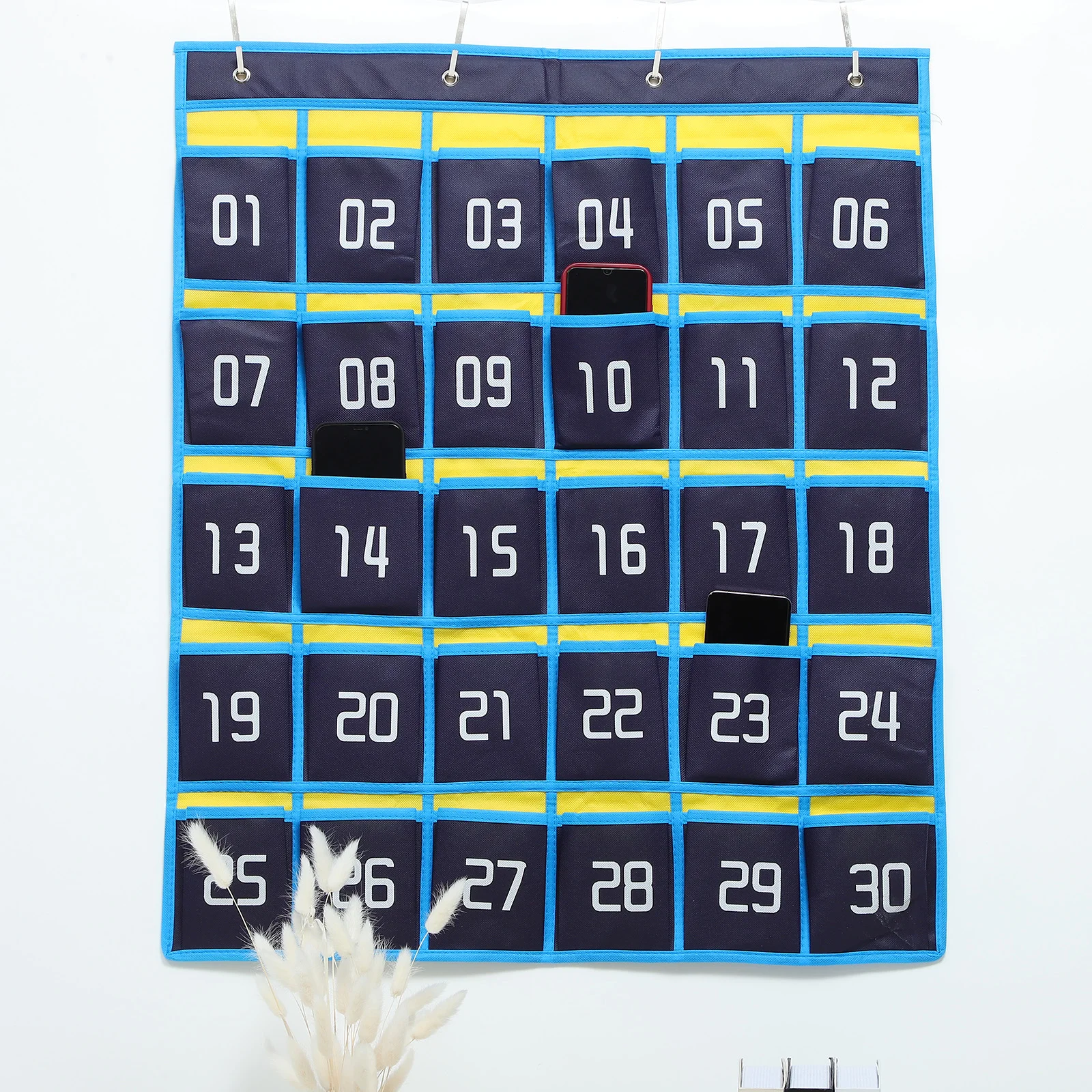 Pocket Chart Calendar Blue and Yellow Classic Model 30 Grids + 4 Hooks Headphone Stand Wall Hanging Storage Bag for Classroom